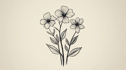 Simple line drawing of three delicate flowers with leaves on a beige background.