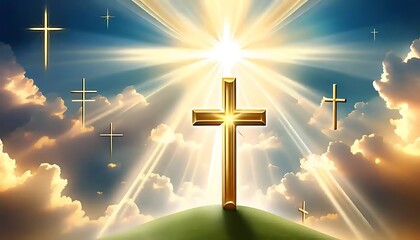 Fototapeta premium Golden Cross Shining Brightly In Heavenly Clouds