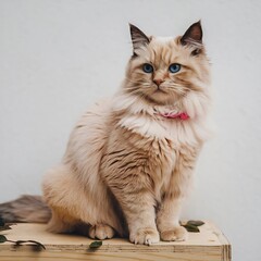 Fototapeta premium Elegant Fluffy Cat with Blue Eyes Sitting on Wooden Surface .