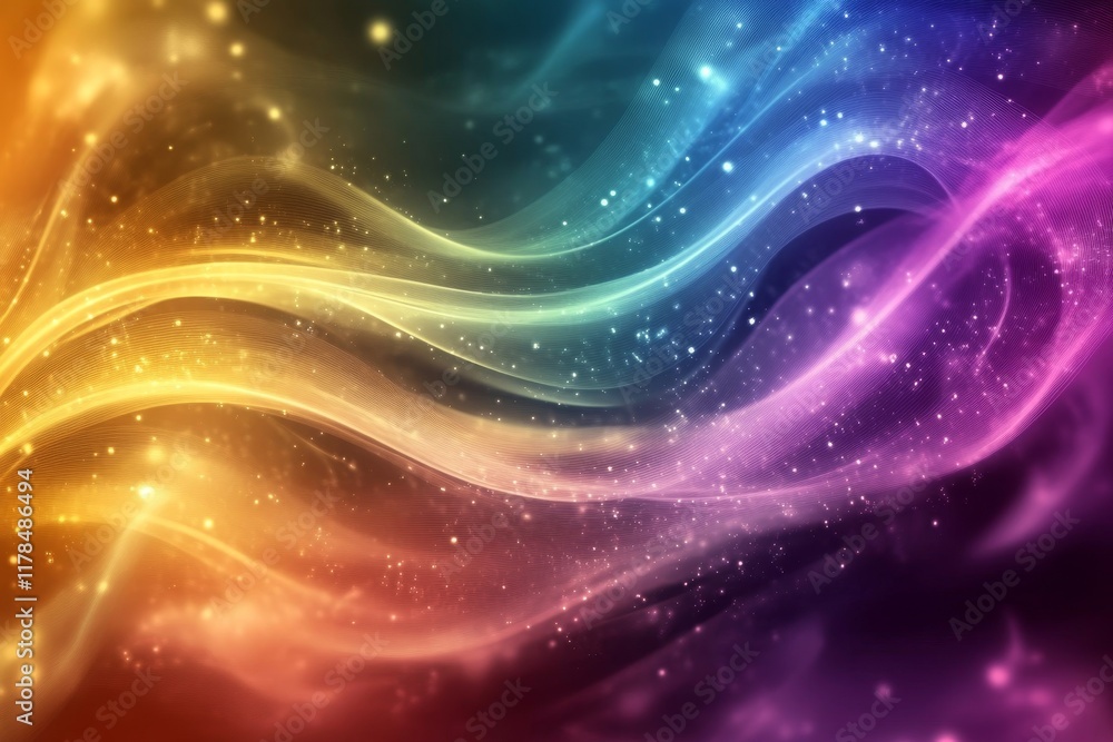 Poster vibrant and colorful abstract waves featuring sparkling particles and light effects create a captiva