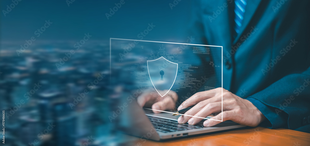 Aufkleber cyber attacks business security concept. safe digital information system that protects private data.