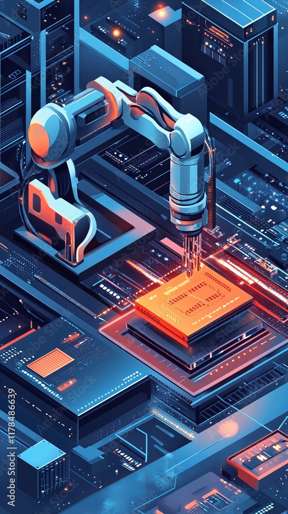 Poster robot is working on a computer chip. the robot is surrounded by a cityscape with buildings and light