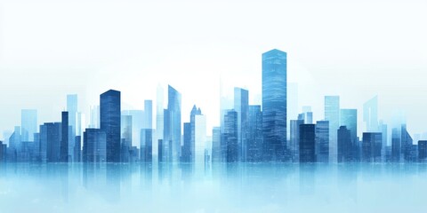Fototapeta premium A serene urban skyline featuring modern skyscrapers in various heights. Soft blue hues create a calm atmosphere perfect for a backdrop or design element.