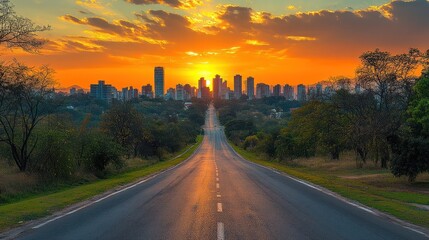 Obraz premium A stunning sunset over a city skyline with a road leading towards the horizon.