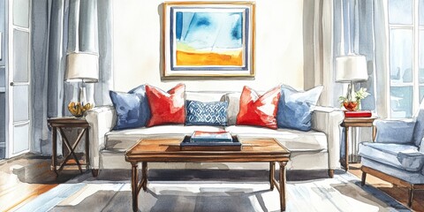 A living room with a white couch and a coffee table. A framed painting is on the wall