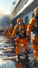 Craft dynamic 3D illustrations of emergency communication systems, including sirens and warning signs