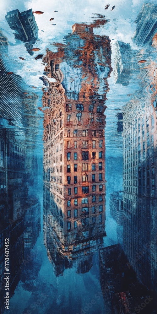Poster a tall building is reflected in the water. the reflection is distorted and warped, creating a surrea
