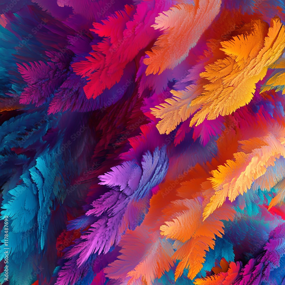 Poster a vivid abstract artwork featuring colorful feather-like patterns with dynamic textures and flowing 
