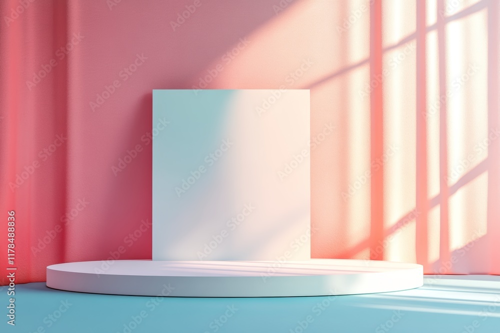 Poster modern minimalist display space with pink wall and soft lighting for data visualization and text pre