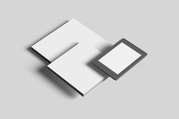 Blank square book mockup with ebook reader from right angle view
