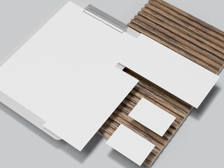 Blank realistic rendering paper floating on top of a wooden board