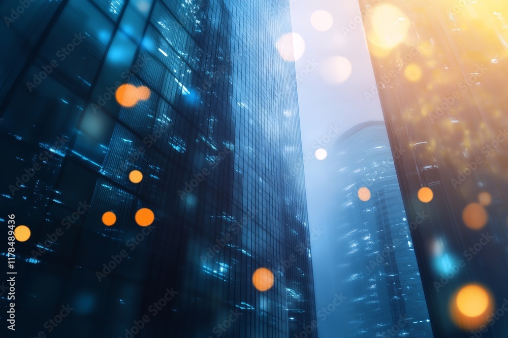 Poster a captivating business launch background featuring modern skyscrapers illuminated with colorful ligh