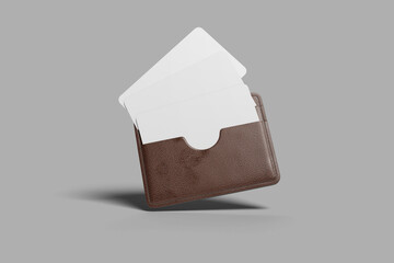Blank floating card with brown wallet mockup