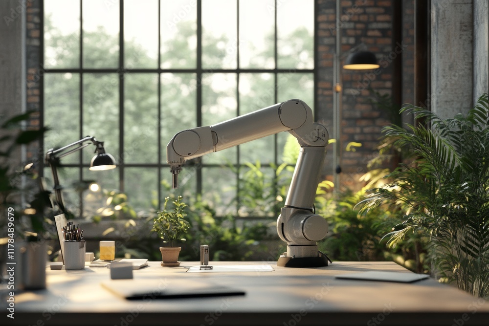 Aufkleber robot is tending to a plant in a room with a window. the robot is tall and has a long arm
