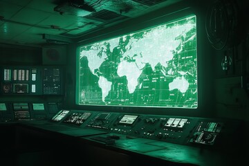 Computer monitor displays a green world map. The room is dimly lit, giving it a futuristic and mysterious atmosphere