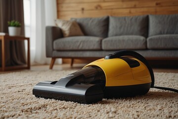  Yellow modern vacuum cleaner in living room. Copy space. Flat clean vacuuming concept AI image generation