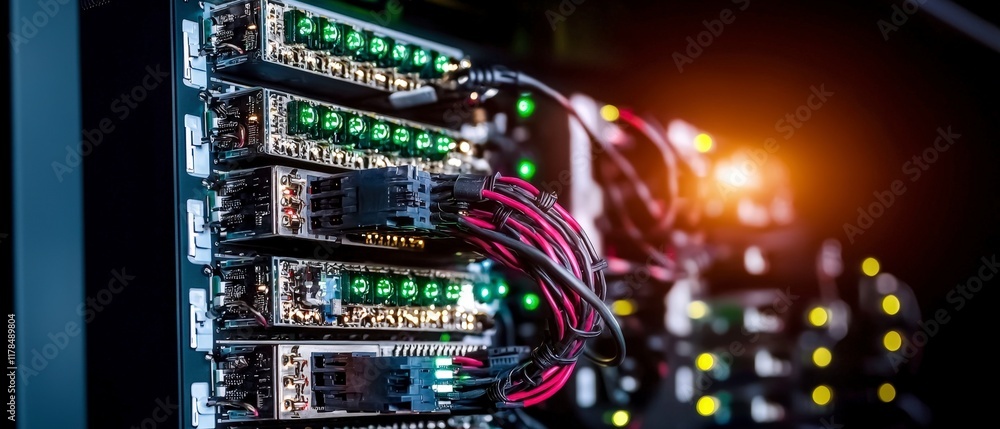 Poster data center server rack network hardware technology closeup