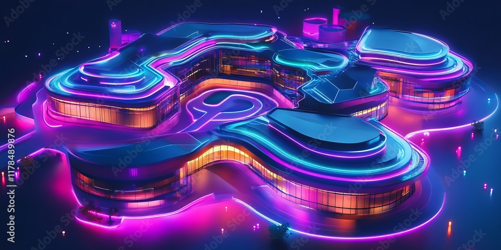Poster neon cityscape with a large building in the center. the building is lit up in neon colors and has a 