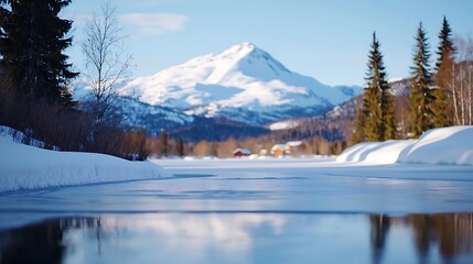 Frozen river reflecting snow-capped mountain, winter landscape.