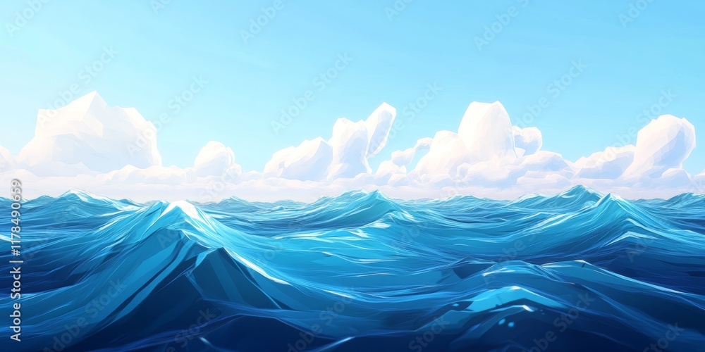 Poster a computer generated image of a blue ocean with a few clouds in the sky