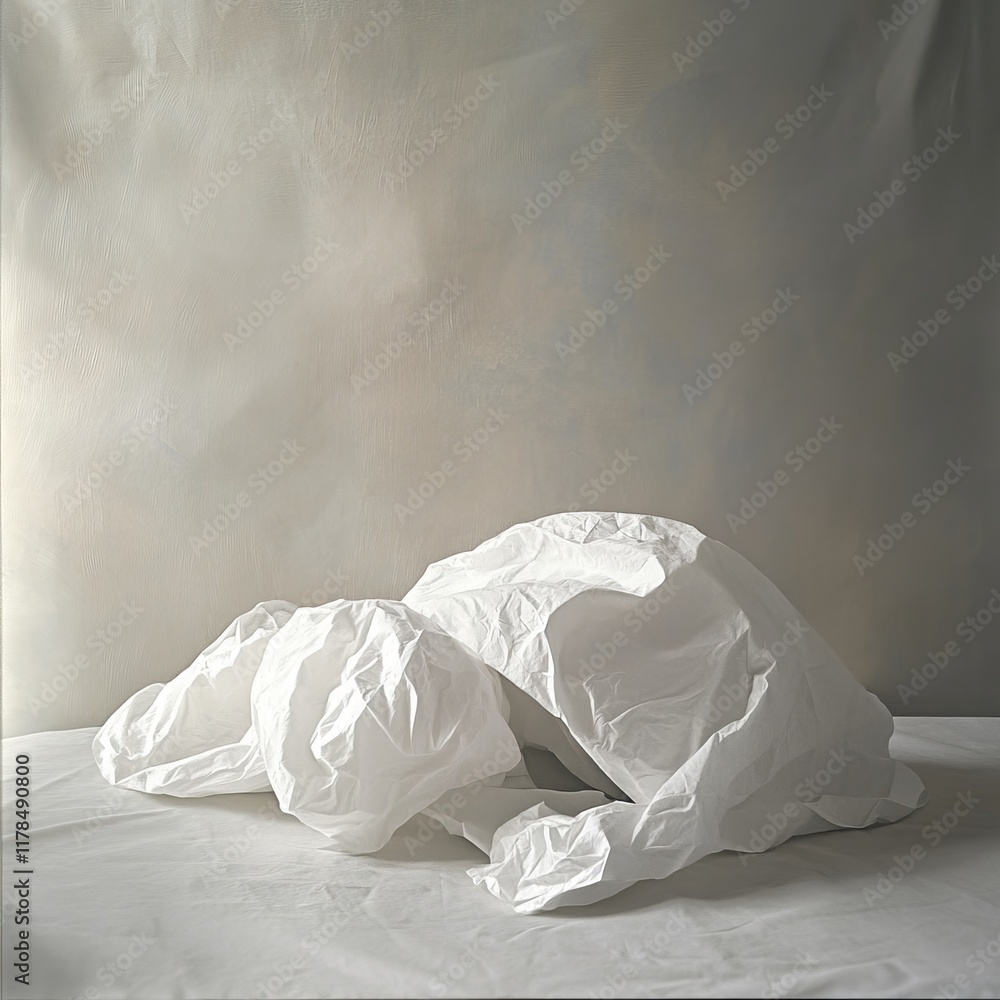 Poster this image showcases white crumpled fabric textures on a soft gray background, emphasizing simplicit