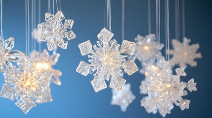 Illuminated snowflake ornaments hanging against a blue background.