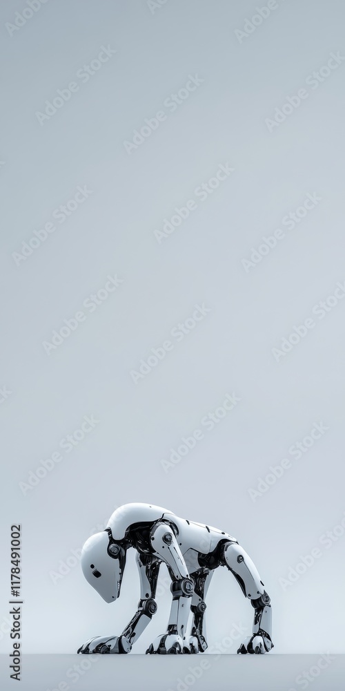 Poster robot is standing on a white background. the robot is looking down and he is in a state of confusion