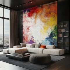 A colorful painting is on the wall of a living room. The room has a couch, a coffee table, and a potted plant. There are also several books on a shelf
