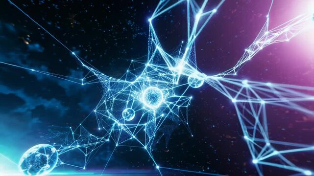 Luminous geometric network structure with glowing blue spherical nodes interconnected by ethereal light streams. Dynamic neural pathways pulse with energy in infinite dark void. 