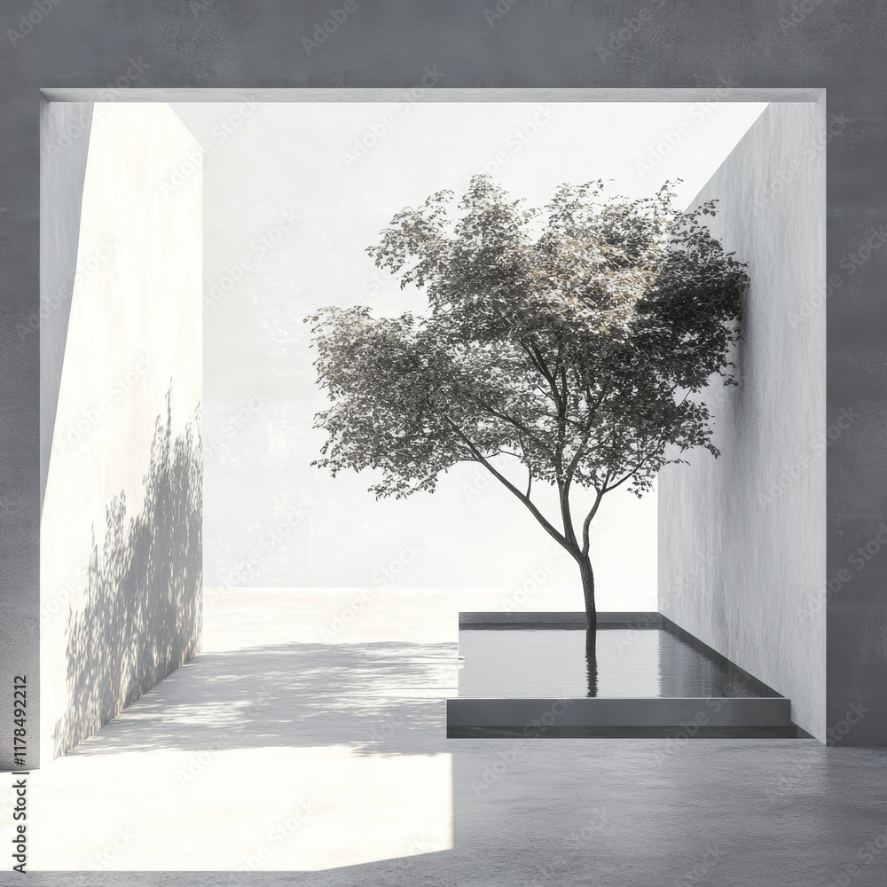 Poster a serene minimalist scene featuring a lone tree in a reflective pool, surrounded by modern architect