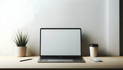 Education A high-angle shot of a laptop with a blank white screen placed on a desk against a plain wall The la2