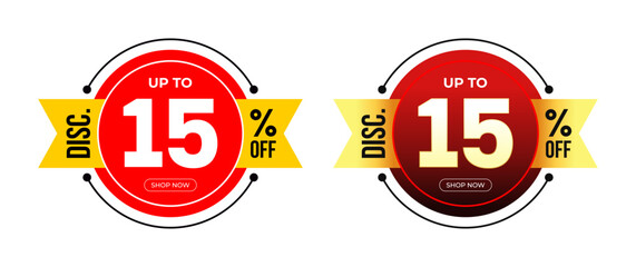 Discount Sticker of Special Offer discount up to 15% Off percent. Black and Red Gradient background isolated on white. Circle frame with ribbon. For Tag, Price, Discount Label. Vector Illustration