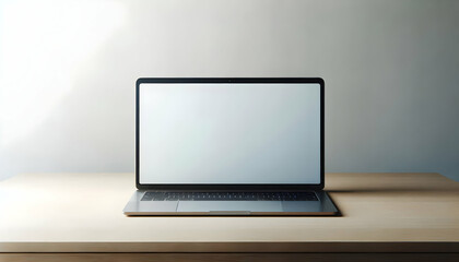 Fototapeta premium Education A front-facing view of a laptop with a blank white screen on a desk, against a plain wall The laptop3