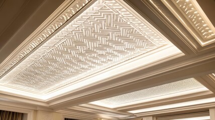 Obraz premium Architectural ceiling with intricate zigzag patterns, illuminated by soft ambient light, creating an elegant and modern look