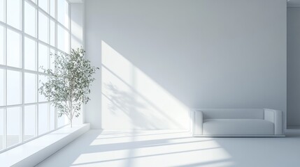 Obraz premium A minimalist interior space featuring a white sofa and a potted plant by large windows.