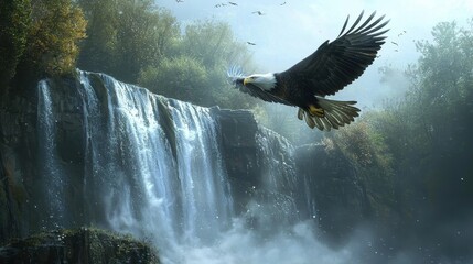 Bald Eagle Flying Over Majestic Waterfall
