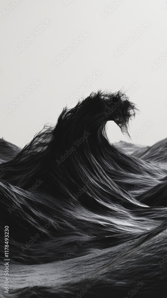 Poster surreal image of a wave resembling flowing hair, creating a striking abstract texture in black and w