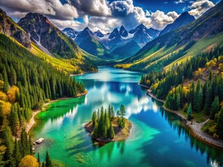 Obraz premium Drone Photography of Kolsay Lakes, Stunning Mountain Scenery, Aerial View