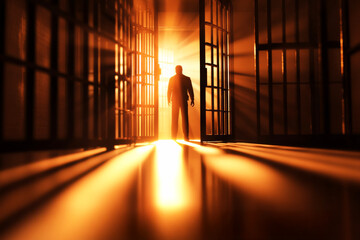 Redemption's Dawn: A silhouetted figure stands at the threshold of open prison cell doors, bathed in the warm light of a new beginning. Hope and freedom are palpable in this powerful image. 
