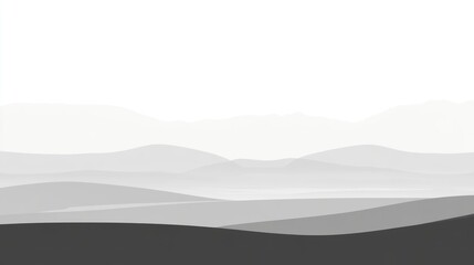 A minimalist landscape featuring soft, layered hills in shades of gray and white.