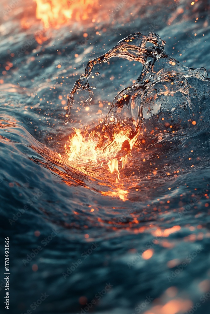 Poster a mesmerizing abstract image showcasing the dynamic interaction between fire and water, highlighting