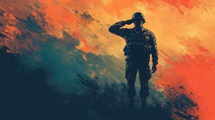 A stylized silhouette of a soldier saluting