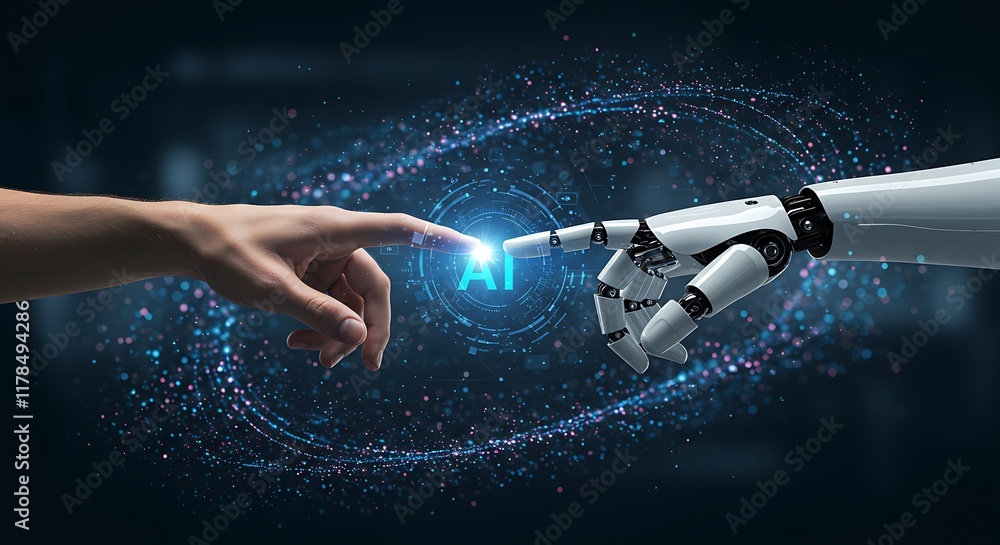 Poster ai, machine learning, hands of robot and human touching on big data network connection background, s