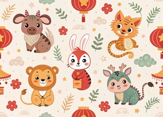 seamless pattern with animals with dragon scales and phoenix feathers in vibrant red and gold, displayed on a black background