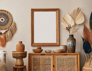 Blank wooden frame mock up in a bohemian living room, flower and vase, batik background, eclectic decoration, photography