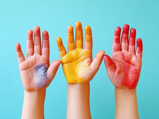Children's painted hands raised against blue backdrop.