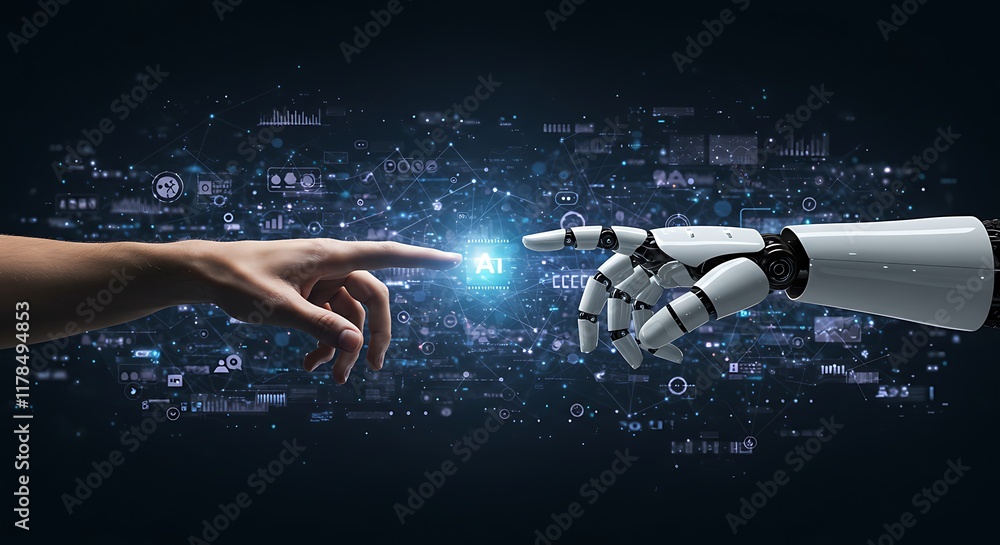Poster ai, machine learning, hands of robot and human touching on big data network connection background, s