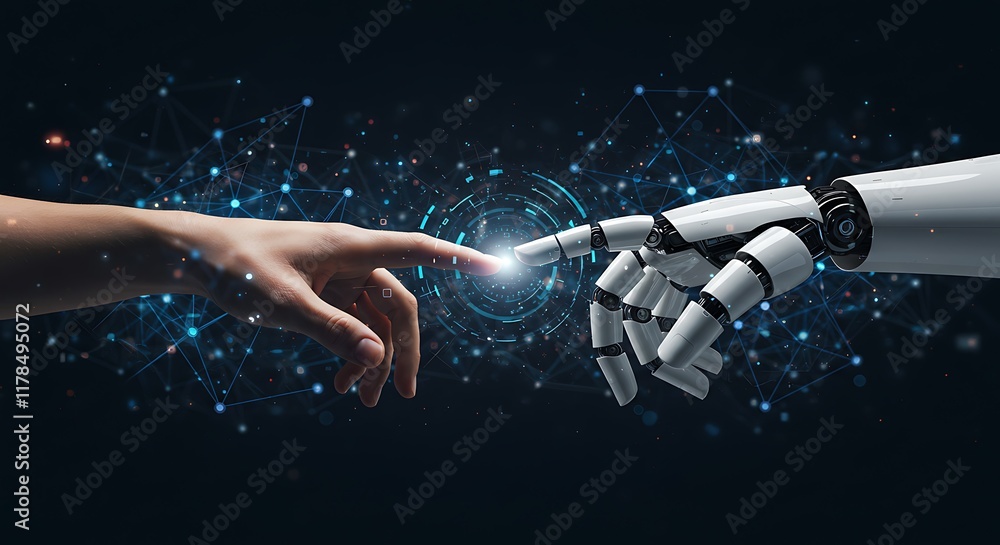 Poster ai, machine learning, hands of robot and human touching on big data network connection background, s