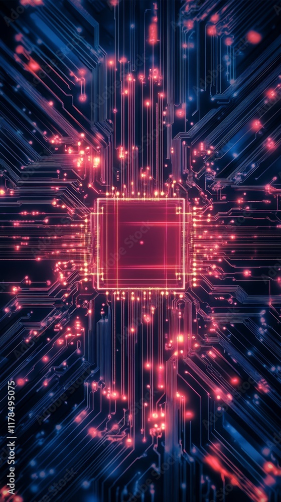Poster a computer chip with a red square in the middle. the chip is surrounded by a blue and red background