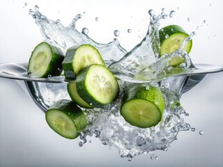 Drone Shot: Cucumber Splash, White Background, Water